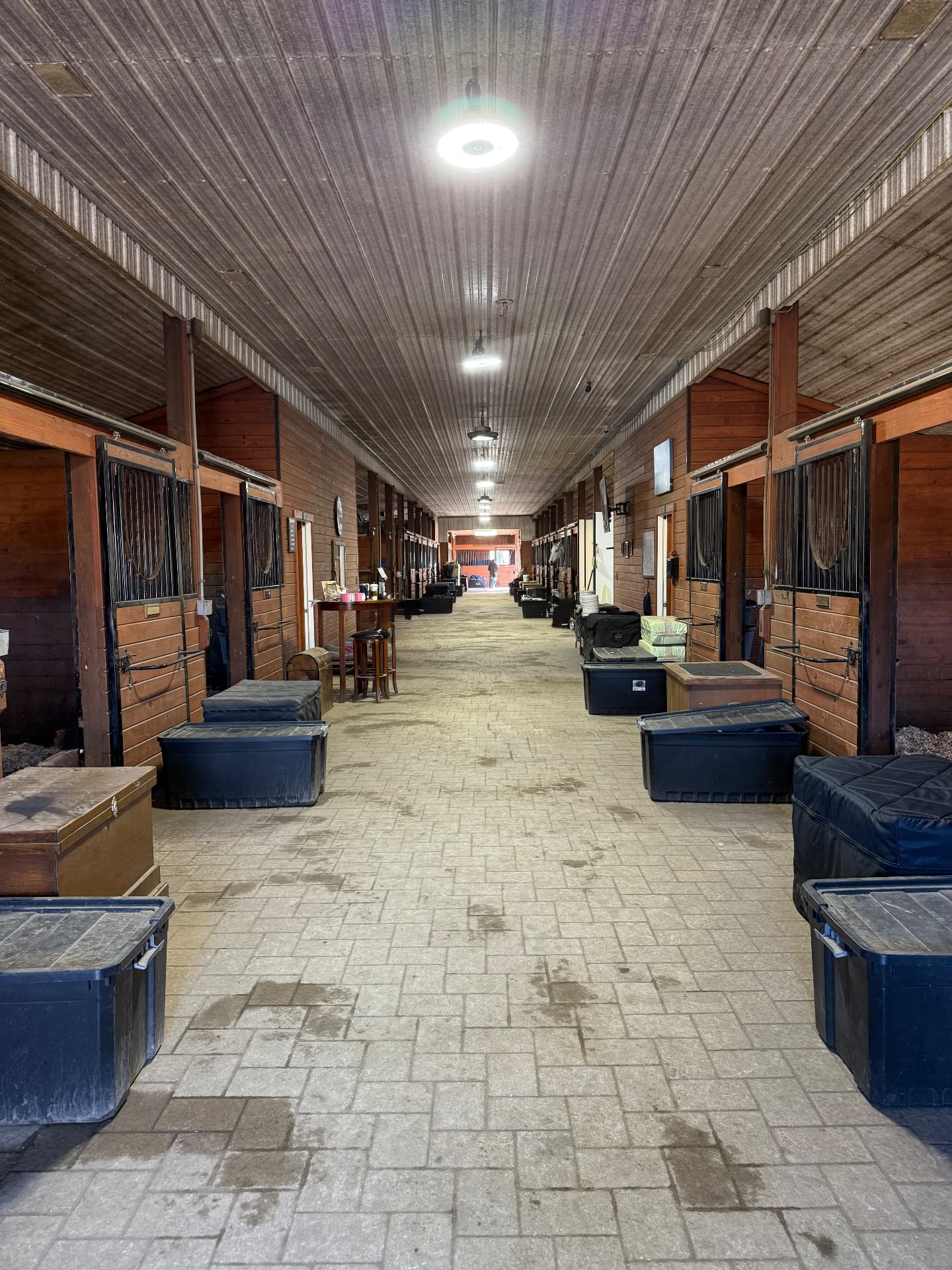 Long brick-paved Posnerosa barn aisle lined with wooden stalls and tack trunks