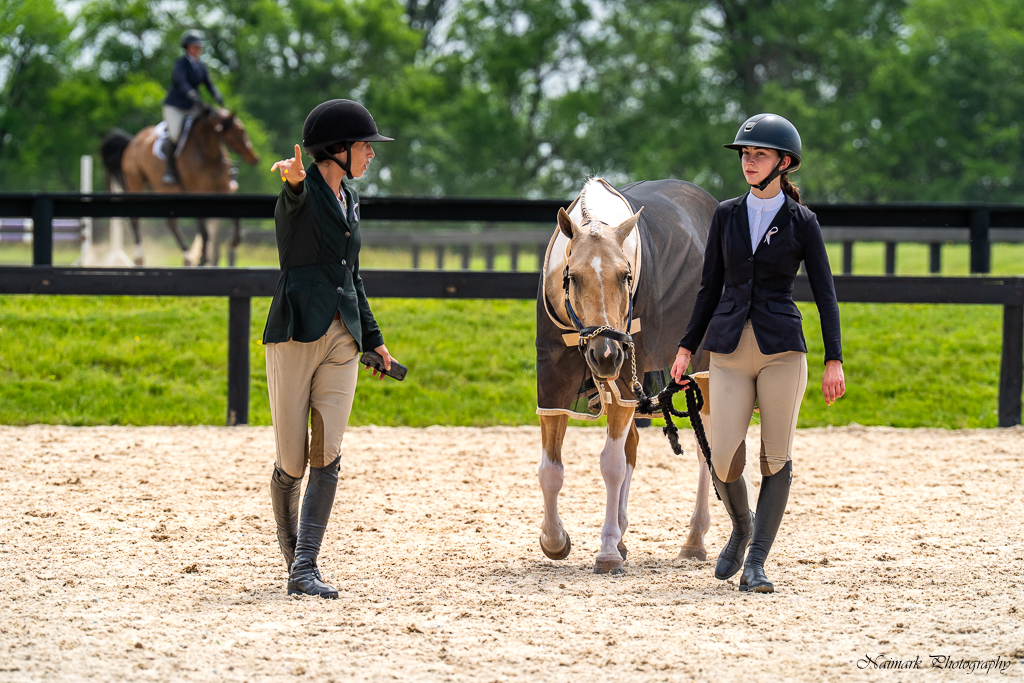Two helmeted people walking beside a golden-and-white horse wearing a cooler, one gesturing toward the ring while the other leads the horse, with the original Naimark Photography credit visible